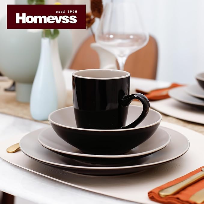 Stoneware Two-Tone Colors Life 16pc Dinner Set竊?Outside Shiny Black + Inside Matte Glaze Light Beige