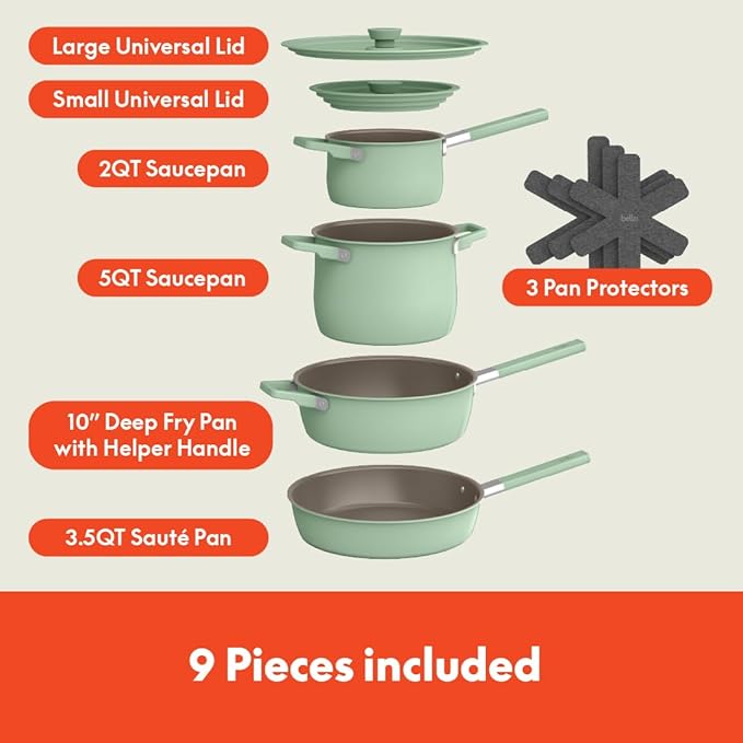 bella 9 Piece Ceramic Nonstick Cookware Set, Fits-anywhere??Kitchenware w EverGood??Coating, Dishwasher & Oven Safe, All Stovetops Compatible, Stackable Design, Cool Touch Handles, Seaglass