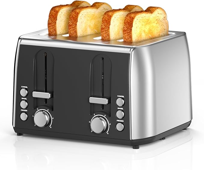 Cowsar 4 Slice Toaster, Compact Toaster with Extra Wide Slots for Toasting Bread, Bagel, Cancel/Bagel/Defrost Function, Dual Independent Controls, 6 Shade Settings, Removable Trays, Brushed Stainless