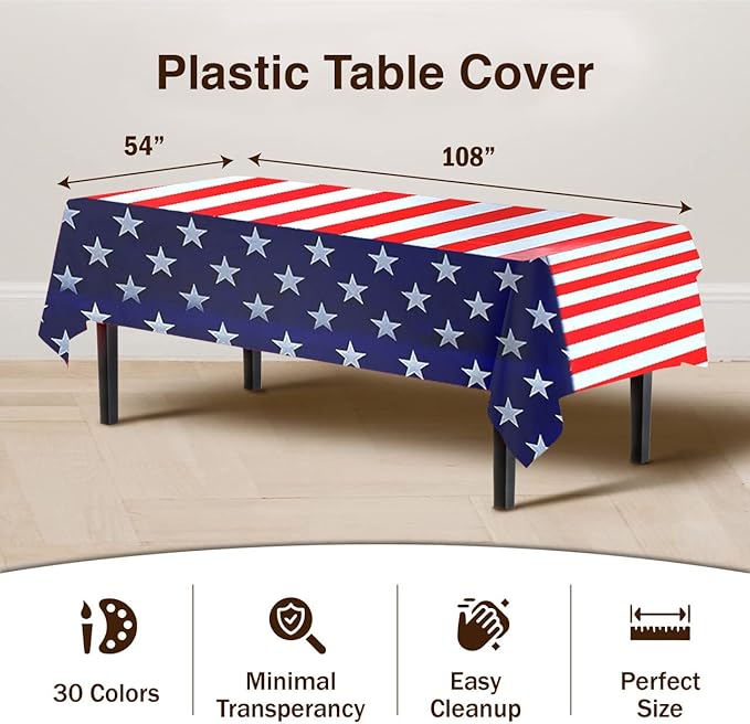 Party Solids Pack Of 6 Premium Rectangle American Flag Design Plastic Tablecloth - USA Stars and Stripes Tablecloth Disposable Plastic Table Cover for July 4th - 54 inch. x 108 inch