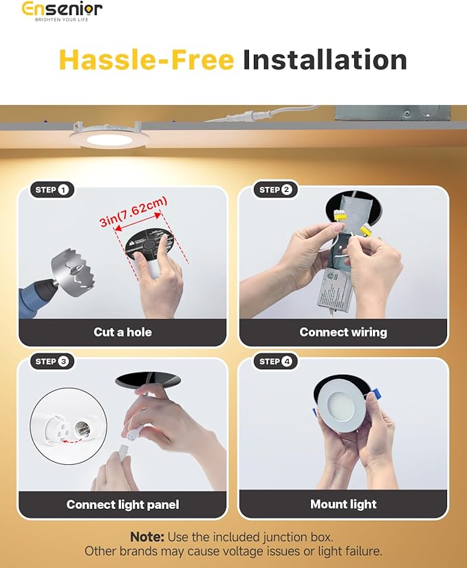 Ensenior 4 Pack 3 Inch LED Recessed Light, Dimmable, 2700K-5000K 5CCT, 500LM High Brightness, 6W 120V, Damp Rated, Ultra-Thin Canless Wafer Light - ETL & FCC & IC