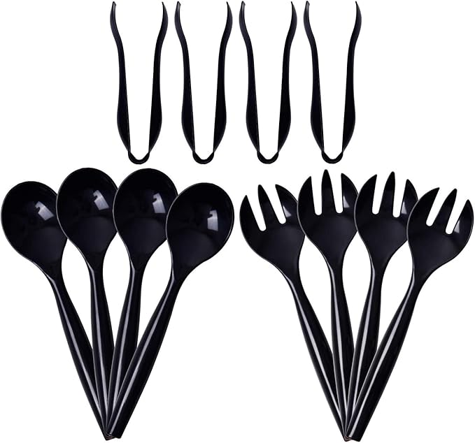 Supernal 72pcs Plastic Serving Utensils Heavy Duty Disposable Serving Tongs Black Disposable Serving Set 10" Spoons 10" Forks 6" Tongs Each 24pcs