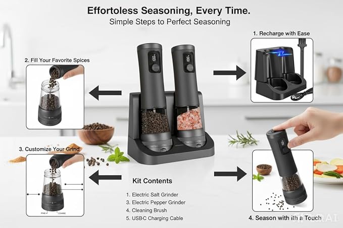 Electric Salt and Pepper Grinder Set With Battery Display Rechargeable Base, External Adjustable Coarseness, Automatic Ceramic Salt & Pepper Shakers Mills(Black Pro)