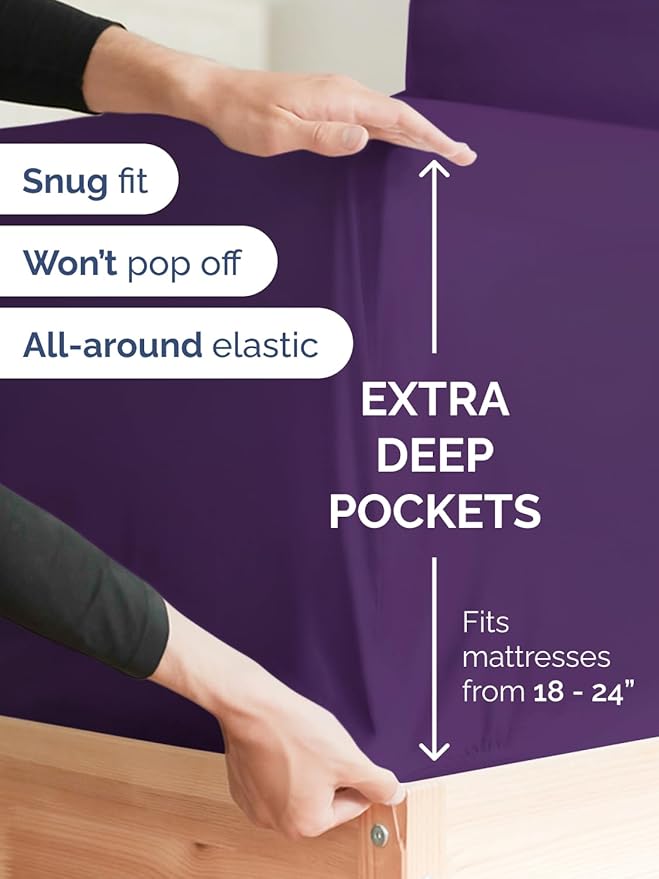 Extra Deep Pocket King Sheets - 4 Piece Breathable & Cooling Bed Sheets - Hotel Luxury Bed Sheet Set - Soft, Wrinkle Free & Comfy - Easily Fits Extra Deep Mattresses - Deep Pocket Purple Sheets Set