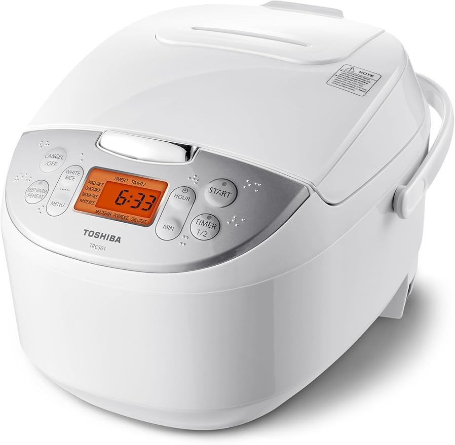 Toshiba Rice Cooker 6 Cup Uncooked ??Japanese Rice Cooker with Fuzzy Logic Technology, 7 Cooking Functions, Digital Display, 2 Delay Timers and Auto Keep Warm, Non-Stick Inner Pot, White