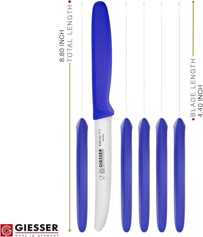 Giesser since 1776, Made in Germany, Serrated kitchen knives round tip dishwasher safe 4.5 inch - Tomato knife, Steak knive set of 6 (Blue)