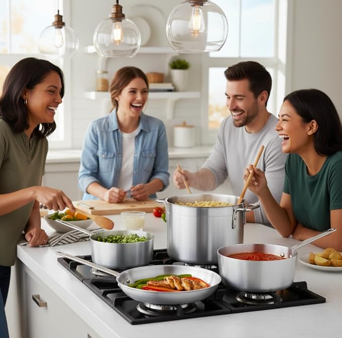 5-Piece Aluminum Cookware Set ??Includes 2.75 Qt & 3.75 Qt Sauce Pans, 8 Qt Stock Pot with Cover, and 10" Fry Pan ??Heavy-Duty Riveted Handles, Superior Heat Distribution (5-Piece Set)