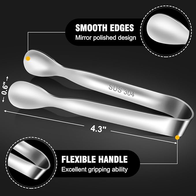 Mini Tongs For Serving Food竊똕et fo 12 Small Tongs For Appetizers竊똕mall Stainless Steel Metal Cooking Tong竊똣or Tea Party Coffee Bar, 4 inch Sugar Tong - Silver