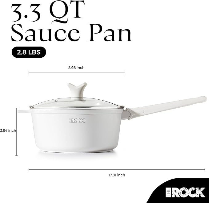 THE ROCK SOHO Ceramic Nonstick Saucepan with Lid, 3.3 Quarts Non Toxic Small Pot with PPG Fusion Pro Coating?밡othing Sticks, Never Warps, Lasts Longer, Induction Compatible, PTFE, PFOA&PFAS Free