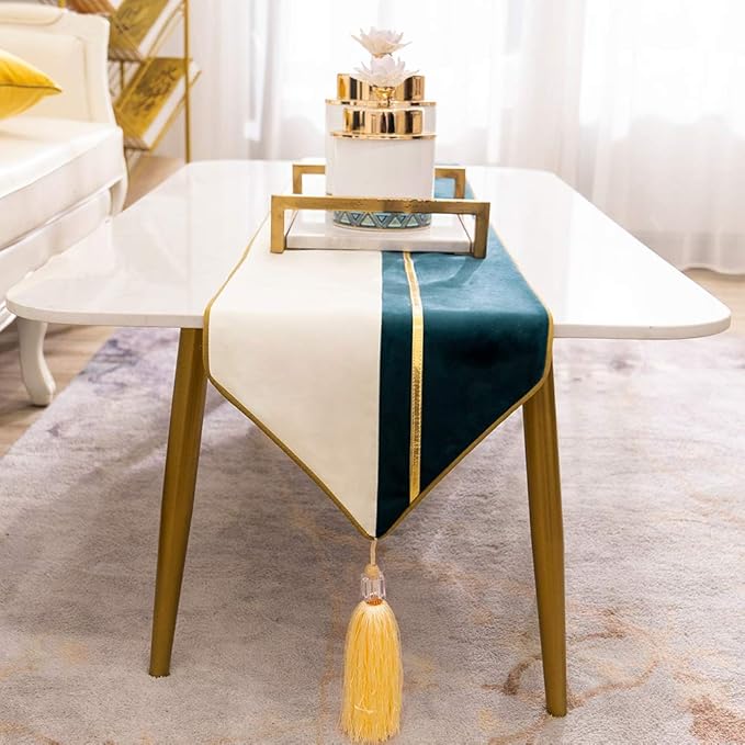 Avigers 12 x 90 Inch Decorative Luxury Green Teal White Gold Leather Striped Patchwork Velvet Table Runners with Tassels for Home Living Room Bedroom Art Decor Wedding