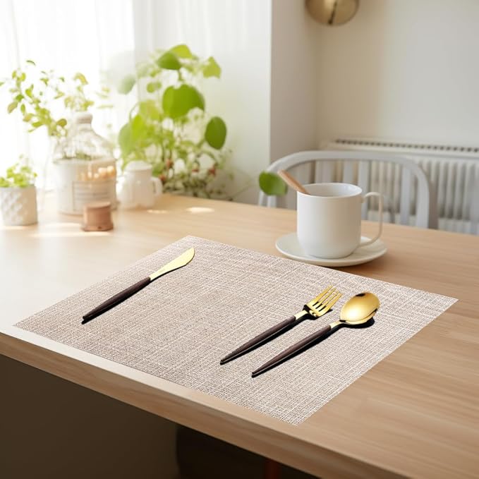 PIGCHCY Beige Placemats Set of 8 Vinyl PVC Durable Place Mats for Dining Table,Heat Resistant Non-Slip Woven Tabel Mats (18x12 inches, Beige)