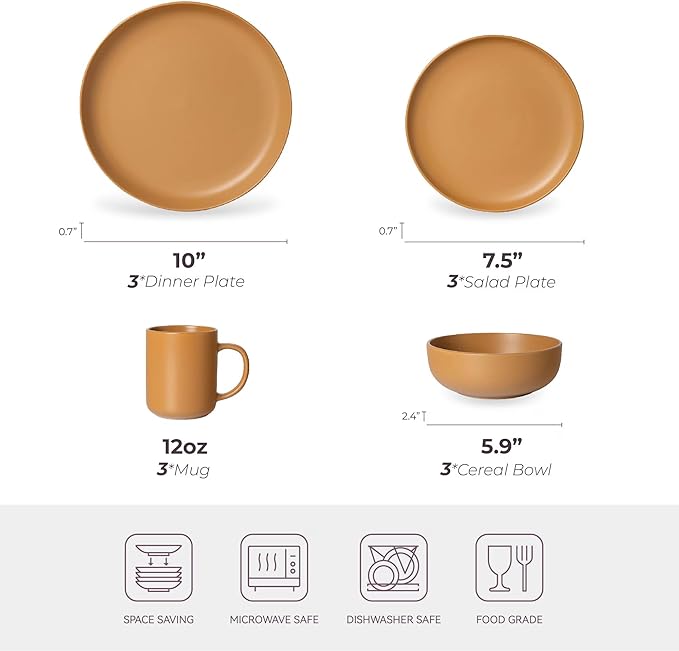 Furrnook 12-Piece Stoneware Dinnerware Set with Mugs | Microwave and Dishwasher Friendly | Stackable Matte Glaze Plates & Bowls | Service for 3 (Orange for 3)