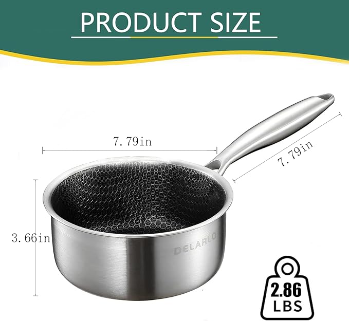 DELARLO Full Clad Tri-Ply Stainless Steel Saucepan 2.5QT, All Stove Safe 600??Lids 300??, Medium Sauce Pan with Lid, Non Stick Sauce Pan, Fast & Even Heat, Steel Pot with Lid, Energy Saving,2-1/2 QT