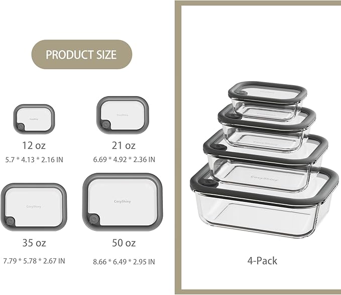 Glass Food Storage Containers with Silicone Glass Lids, 304 Stainless Steel Salad Dressing Containers, Microwave-safe LeakProof Food Containers Set, 100% Plastic Free-4-pack（Grey）