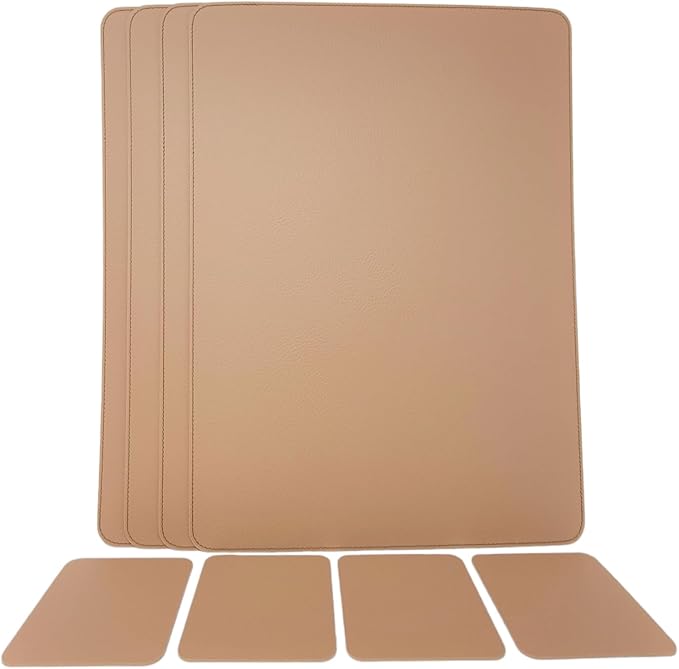 Nikalaz Set of 4 Placemats and 4 Coasters Made of Recycled Leather (15.75''x11.81'', Light Camel)