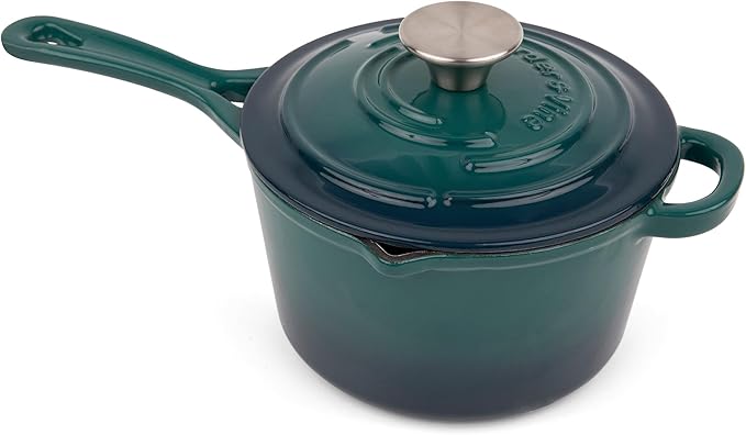 Larder & Vine Enameled Cast Iron Saucepan | 2.2 qt Sauce Pan with Lid | Saucepan with Pour Spouts | Enameled Cast Iron Pot Compatible on All Cooktops & Oven Safe to 500째 F | Bondi