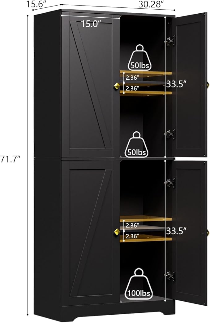 LYNSOM Farmhouse Pantry Storage Cabinet Set of 2, 72" Tall Kitchen Pantry Cabinet with 4 Barn Doors and Adjustable Shelves, Black Storage Cabinets for Kitchen, Dining Room, Black