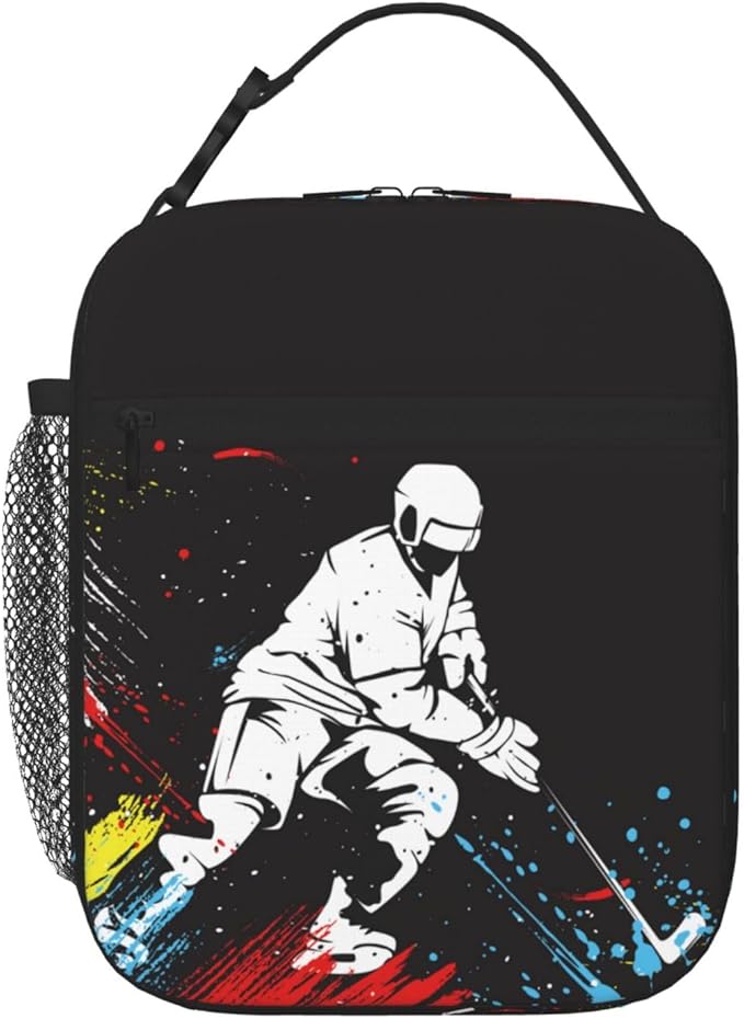 YIJIUWKIS Sports Lunch Bag for Boys Hockey Insulated Lunch Box with a Ice Hockey Player Pattern Print, Black Cooler Thermal Lunch Bag Tote Handbag with Water Bottle Holder for Kids Teens Adults