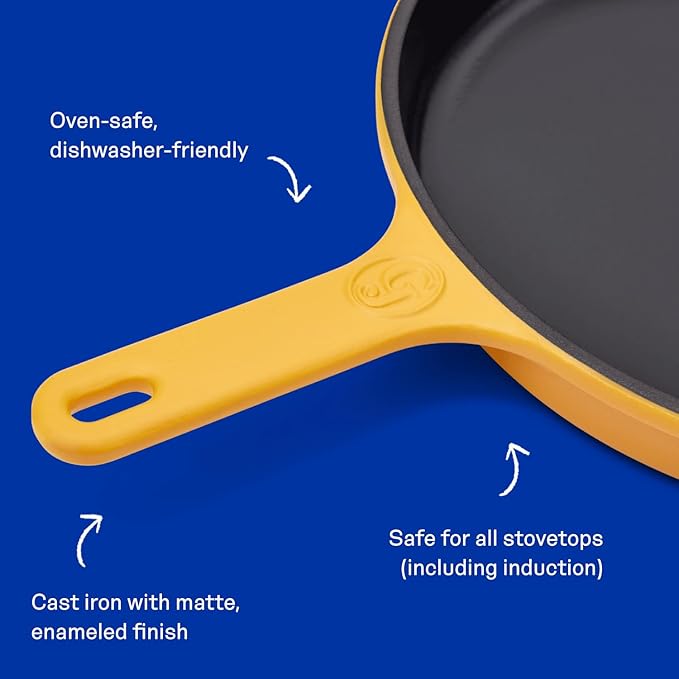 Great Jones King Sear Cast-Iron Skillet (Mustard, 12") | Enameled for Easy Cleaning | Safe for All Stovetops & Ovens | Perfect for Crispy Chicken, Steak & More | Oven-Safe to 500째F | Hand Wash Only