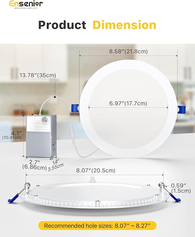 Ensenior 4 Pack 8 Inch LED Recessed Light, Dimmable, 2700K-5000K 5CCT, 1600LM High Brightness, 18W 120V, Damp Rated, Ultra-Thin Canless Wafer Light - ETL & FCC & IC