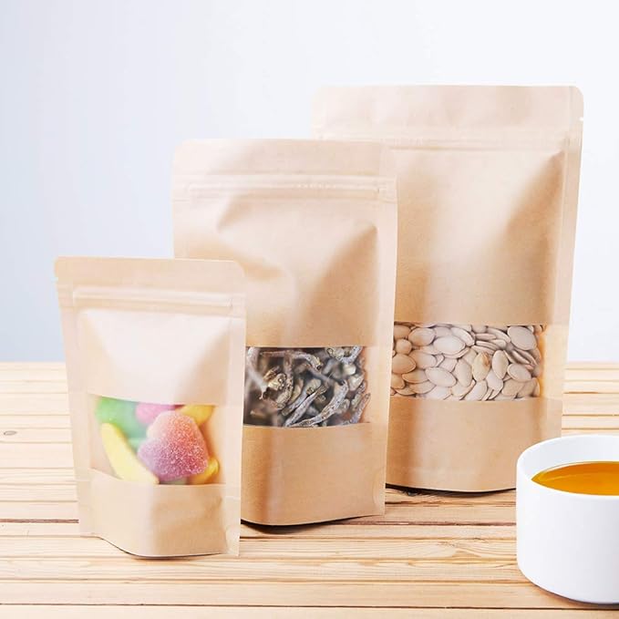 LZLPACKING Kraft Stand Up Pouches bags 100 Pcs,Brown Resealable Bags with Window for Home or Business,Coffee,Food Storage Bags,Sealable Bags for Packaging(5.9횞8.6)