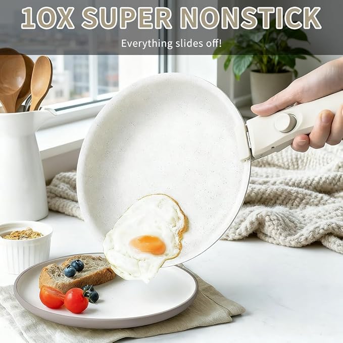 Pots and Pans Set, Non Stick Cookware With Detachable Handle - 7-Piece Stackable Cookware Set Includes 3.35in Milk Pot, 1.97in Frying Pan,3.15in Deep Frying Pan, Easy to Clean, Induction Compatible