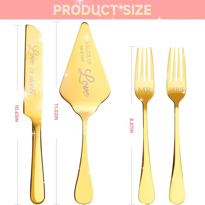 Wedding Cake Knife and Server Set with Forks for Bride and Groom, 4 Pieces Mr and Mrs Wedding Cake Cutting Set For Bridal Shower Gifts Couple Engagement Birthday Anniversary, Gold