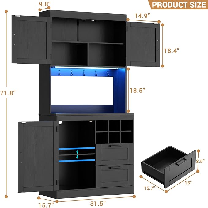 Unikito 72" Tall Pantry Cabinet, Kitchen Pantry Storage Cabinet with LED Light & Outlet, Kitchen Hutch Bar Cabinet with Microwave Stand, Wine Rack, Drawers and Shelves, Cupboard for Dining Room, Black