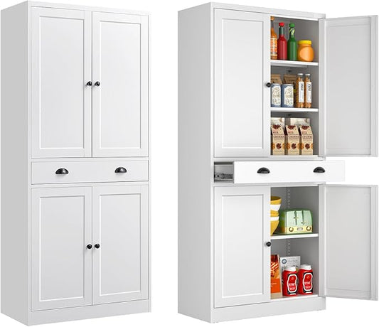 Metal Kitchen Pantry Cabinet, 71'' Tall Food Pantry Storage Cabinet with Doors and Shelves, White Freestanding Cupboard for Dining Room, Living Room - Assemble Required