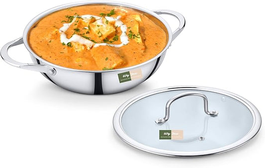 Stainless Steel Wok with Lid, All Clad Tri-ply Kadhai, 1.3 Qt / 1200 ML, 8 Inch Pan for Stir-Frying, Stews, Sauces, Deep Saute, Triply wok cookware, Trasparent Cover, Induction Compatible
