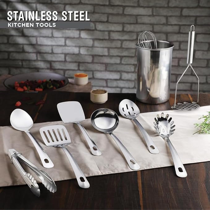 Avador짰 Premium Set of 10 Stainless Steel Kitchen Tool Set with Holder Easy To Clean, Space Saving, Great for Cooking, Baking, Prepping