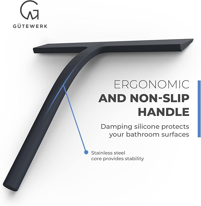 G횥TEWERK Shower Squeegee for Glass Doors, Silicone Window Squeegee, Bathroom and Glass Cleaning - Black - 9 Inch
