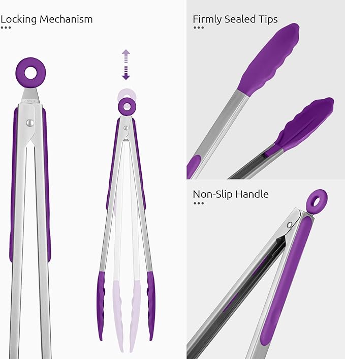 600쨘F Heat Resistant Kitchen Tongs: U-Taste 12 inch Large Silicone Cooking Tong with Sturdy Non Stick Rubber Tips & Silicon Coated 18/8 Stainless Steel Handle & Smooth Locking for Serving Grill-Purple