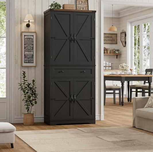 HOSTACK 71" Tall Pantry Cabinet, Farmhouse Kitchen Pantry with Storage Shelves, Barn Doors Food Storage Cabinet, Freestanding Kitchen Hutch with Large Drawer for Dining Room, Living Room, Black