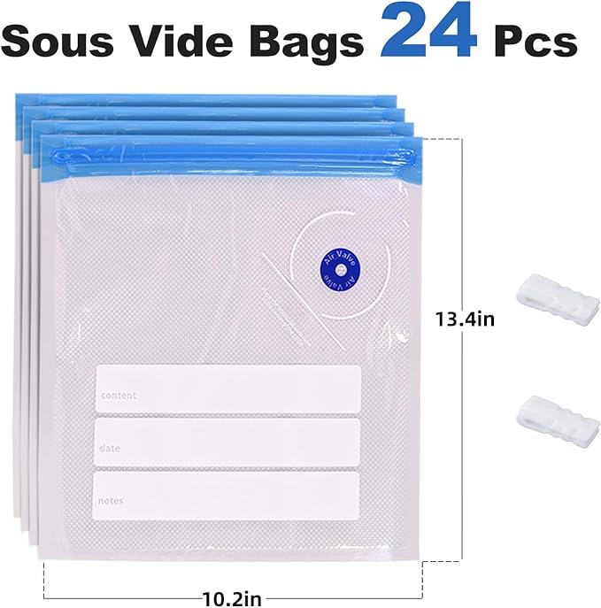 24 PCS 10"X13.5" Sous Vide Bags Vacuum Zipper Sealer Bag for Food, Reusable Vacuum Food Sealer Bags with Sealing Clips for Sous Vide Cooking,Freezer Safe,Microwave Heating and Food Storage