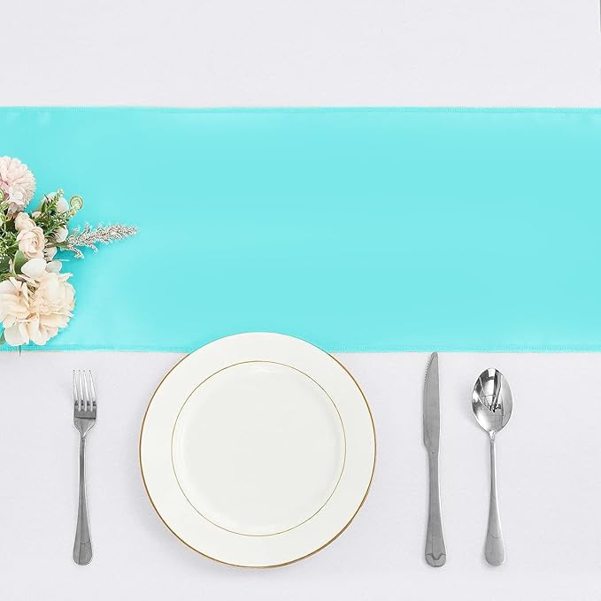 10-Pack Turquoise Satin Table Runner 12 x 108 Inch Long Bright and Smooth Silk Fabric Table Runner for Wedding Banquet Birthday Party Decoration