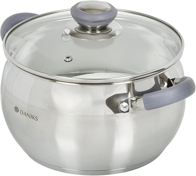 Daniks Modern 3 Quart Stainless Steel Stock Pot with Glass Lid, Tri-Ply Bottom for Even Heating, Induction Compatible, Dishwasher Safe, Heatproof Handles