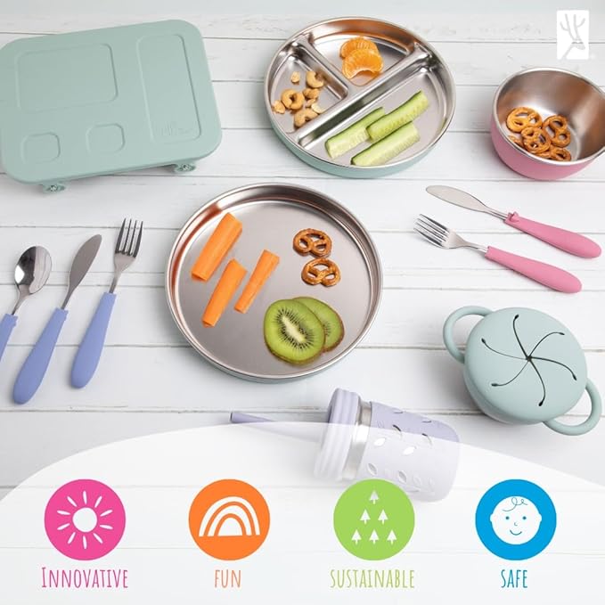 Elk and Friends 7.8??Stainless Steel Non Divided Plates with Silicone Sleeve + Storage Lid | Baby, Toddler, Kids | Dishwasher Safe | Dinner & Snack Plates | 2 Pack