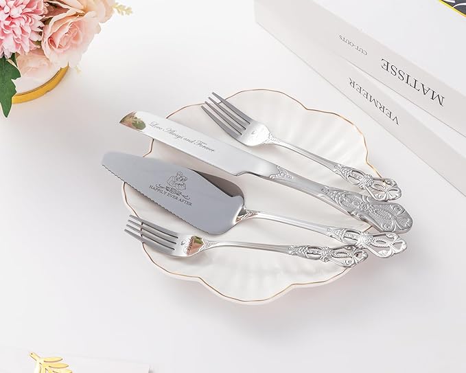 Wedding Cake Knife and Server Set, Silver Cake Cutting Set for Wedding, 4 Pieces Mr and Mrs Gifts Set with Forks for Engagements, Anniversaries