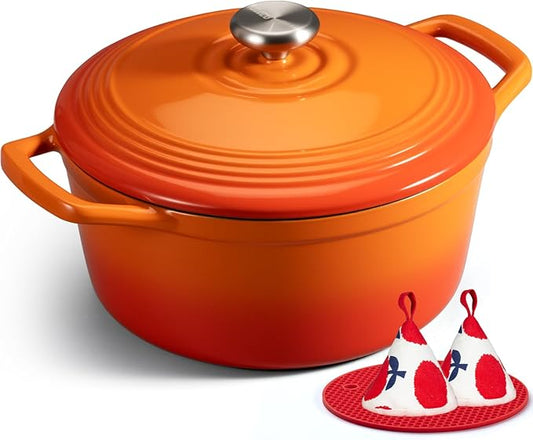 Overmont Refined Enameled Cast Iron Dutch Oven - 5.5QT Pot with Wide Handles Lid Cookbook & Cotton Potholders - Heavy-Duty Pre-Seasoned Cookware Oven Safe to 500째F for Braising, Stews, Roasting, Bread Baking