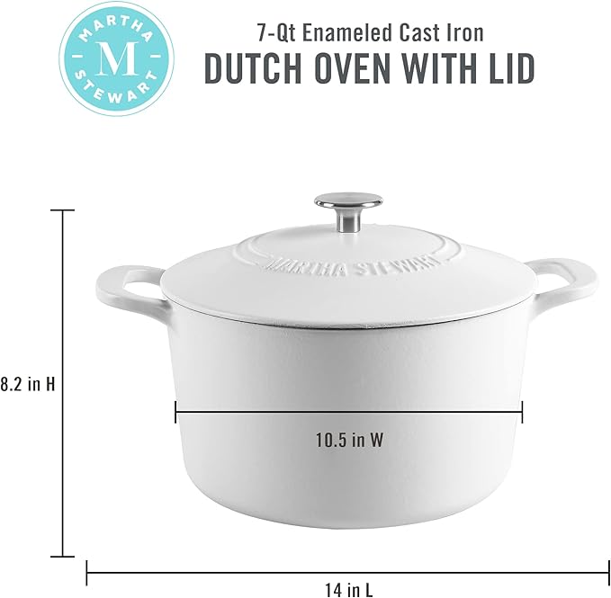 MARTHA STEWART Gatwick 7-Quart Enamel Cast Iron Dutch Oven Pot with Lid ??Matte White ??Durable Heavy-Duty Dutch Oven for Slow Cooking, Braising & Baking