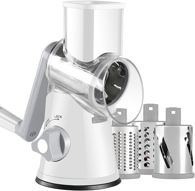 Ancevsk Rotary Cheese Grater with Handle, Kitchen Speed Hand Crank Vegetable Slicer, Potato Hash Brown Shredder Spinning Nut Grinder with 3 Replaceable Stainless Steel Drum Blades (White)