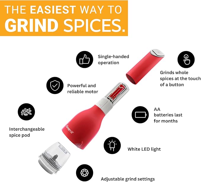 FinaMill Classic Battery Spice Mill ??Battery Operated Salt and Pepper Grinder Set, Includes 2 Interchangeable Spice Pods, Adjustable Coarseness, Ceramic Grinder, LED Light, Kitchen Gifts for Women