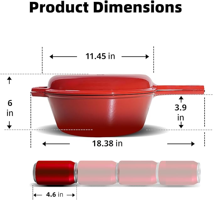 Enameled Cast Iron Braiser Pan - 2-in-1 Cast Iron Dutch Oven - 6.5QT Deep Pot with Frying Pan - Cookware Multi Cooker Skillet - for Grill Induction Stovetop Camping -Red