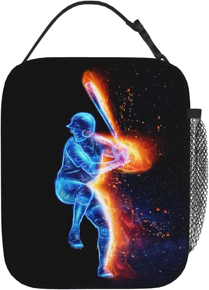 Boys Insulated Lunch Box with a Blue Baseball Player Pattern Print, Sports-themed Lunch Bags with Water Bottle Holder for Adults Kids Teens, Reusable Portable Tote Meal Bags Gifts for Son Daughter