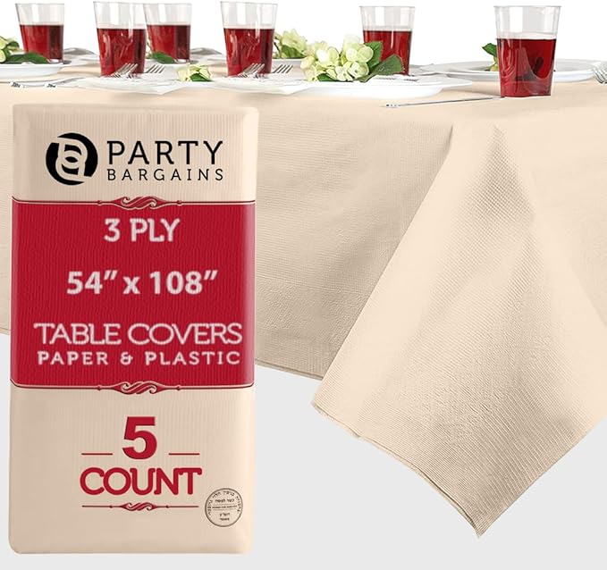 PARTY BARGAINS Disposable Table Covers, 54 x 108 Inch, Ivory, 3-Ply Paper & Plastic Spill-Resistant Party Tablecloths, 5 Pack