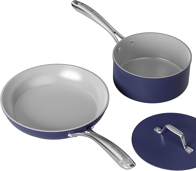CIARRA Non Stick Frying Pan (10.2") & Ceramic Sauce Pan (3qt) - Non Toxic, PTFE & PFOA Free - Oven Safe & Compatible with All Stovetops, Blue