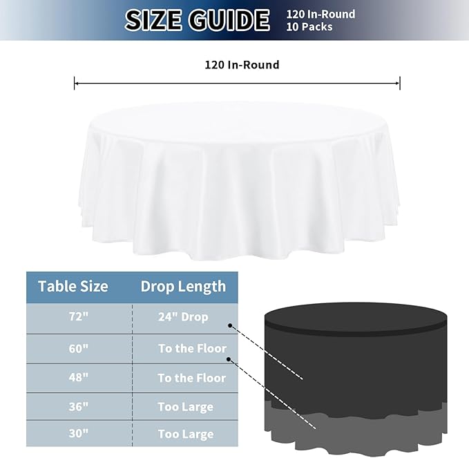 PureFit 10 Pack Round White Table Cloths 120 Inch for Round Tables, Stain and Wrinkle Resistant Table Linens for Home Use, Wedding, Party, Banquet and Camping