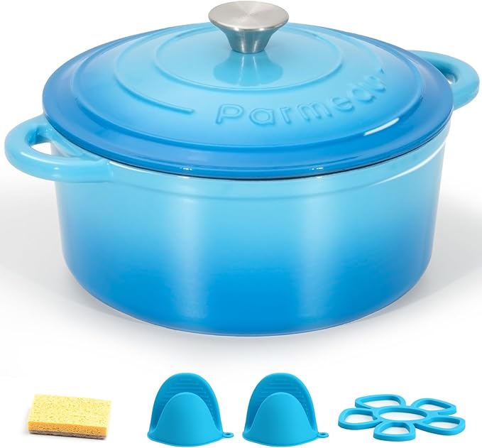 Parmedu 5.5 Quart Enameled Cast Iron Dutch Oven Pot with Lid, Heavy-Duty, Oven Safe up to 500째 F & Across All Cooktops, Perfect for Bread Baking, Stews, Braising & Roasting, Ocean Blue