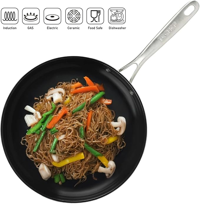 TeChef ValenCera Collectioin | Ceramic Nonstick Flat Bottom Wok Stir Fry Pan with Lid, Nontoxic - Free of PFOA, PTFE, PFAS, Induction Ready, Oven Safe, Made in Korea (Wok/Stir Fry Pan with Lid, 12-in)
